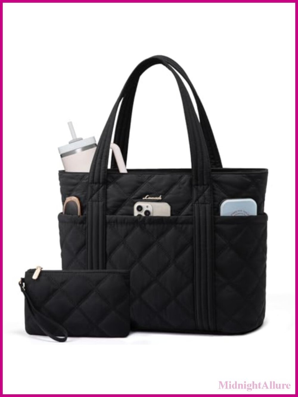 Puffer Tote Bag for Women Quilted Nylon Work Handbag Cup Holder